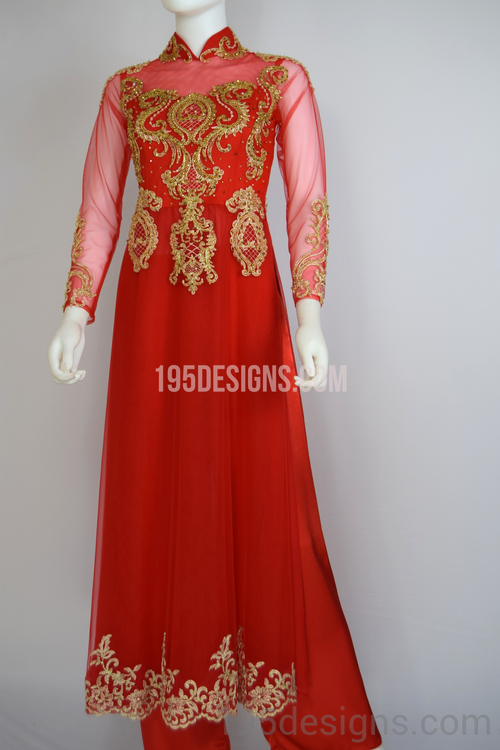 Red Ao Dai Red Crystal Gold Flower Wedding- Ao Dai Kết Đá Pha Lê Cô Dâu