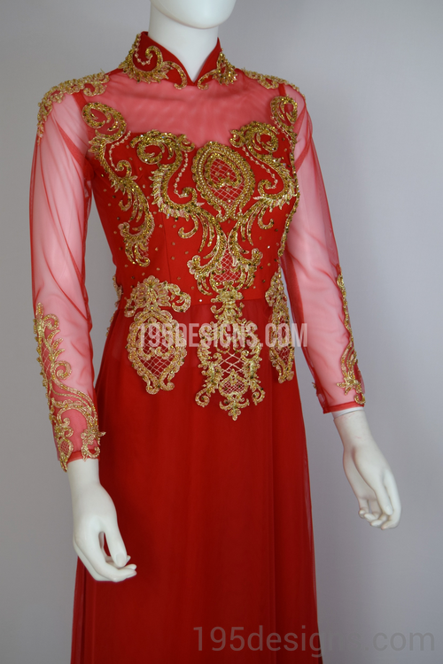 Red Ao Dai Red Crystal Gold Flower Wedding- Ao Dai Kết Đá Pha Lê Cô Dâu