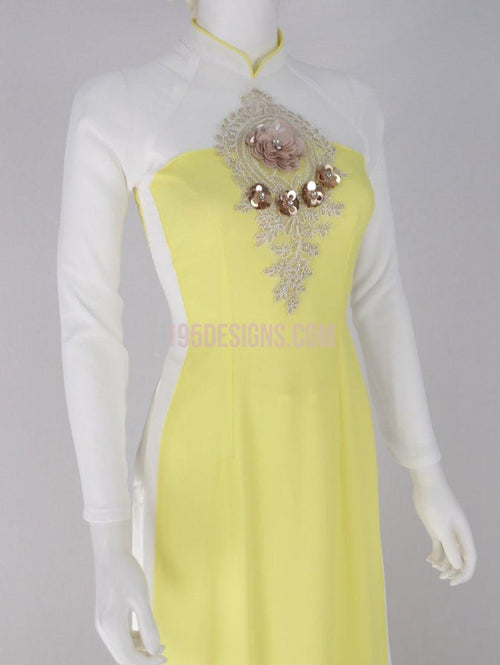 Ao Dai Embroidered Flower Vàng | Áo Dài Vàng Trắng có Mấn