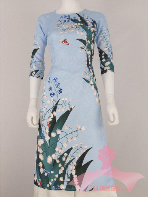 Áo Dài 3D dân gian xuân xanh lơ cổ kiềng | Blue Flower Modern Vietnamese Ao Dai