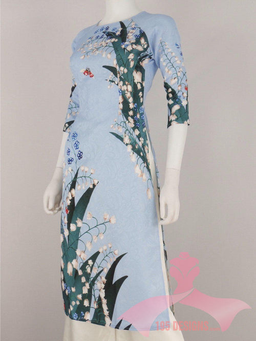 Áo Dài 3D dân gian xuân xanh lơ cổ kiềng | Blue Flower Modern Vietnamese Ao Dai