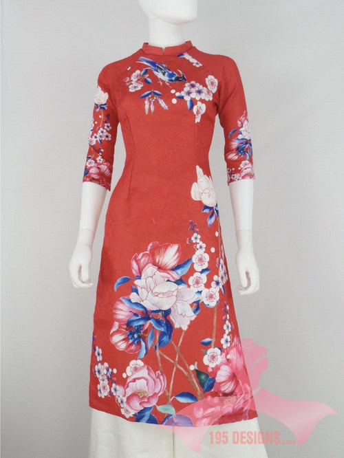 Áo Dài dân gian 3d đỏ xuân | Red Flower Modern Vietnamese Ao Dai