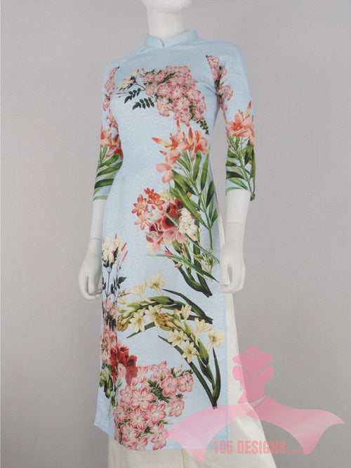 Áo Dài 3d dân gian xanh lơ hoa xanh xuân | Blue Flower Modern Vietnamese Ao Dai