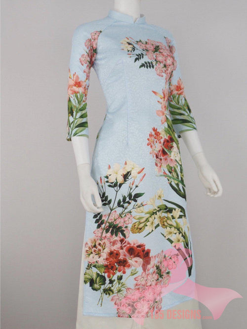 Áo Dài 3d dân gian xanh lơ hoa xanh xuân | Blue Flower Modern Vietnamese Ao Dai