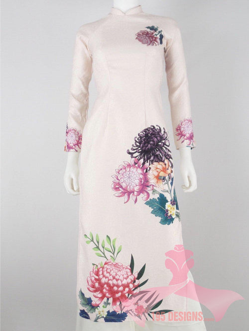 Áo Dài 3d dân gian màu da hoa Xuân | Ivory Flower Modern Vietnamese Ao Dai