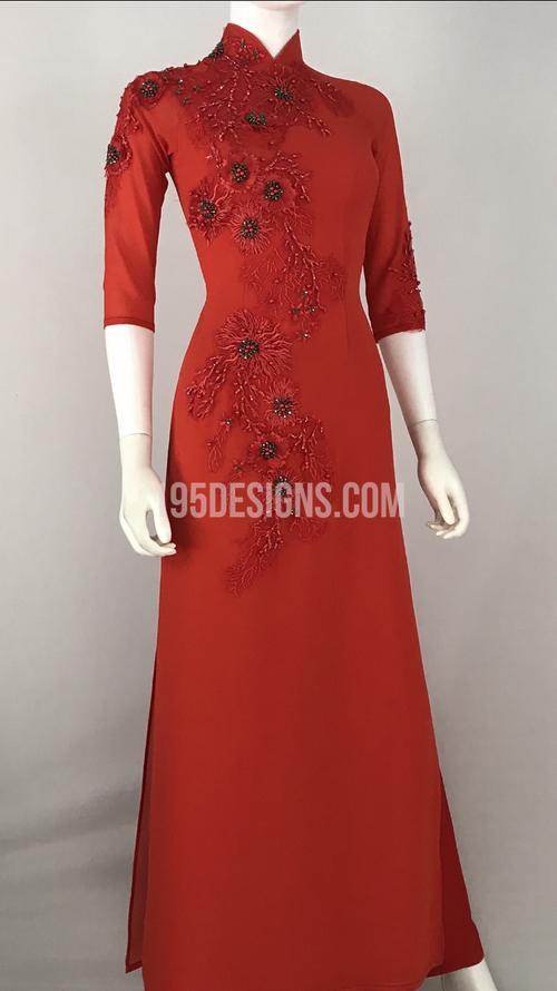 Ào Dài đỏ hoa xuân đính đá | Red Vietnamese Ao Dai