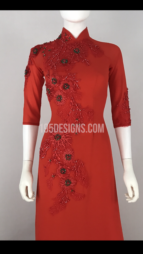 Ào Dài đỏ hoa xuân đính đá | Red Vietnamese Ao Dai