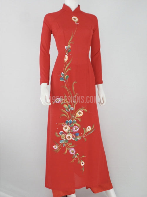 Áo Dài vẽ lụa đỏ | Red Vietnamese Ao Dai