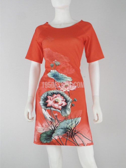 Áo Dài cách tân cam 3d hoa sen |  Vietnamese Ao Dai