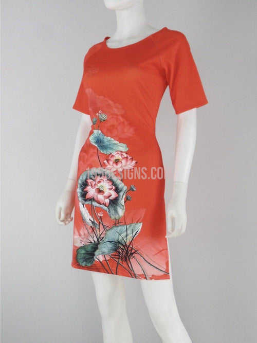 Áo Dài cách tân cam 3d hoa sen |  Vietnamese Ao Dai