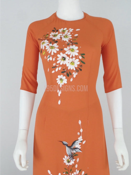 Áo Dài cam vẽ hoa xuân | Orange Vietnamese Ao Dai