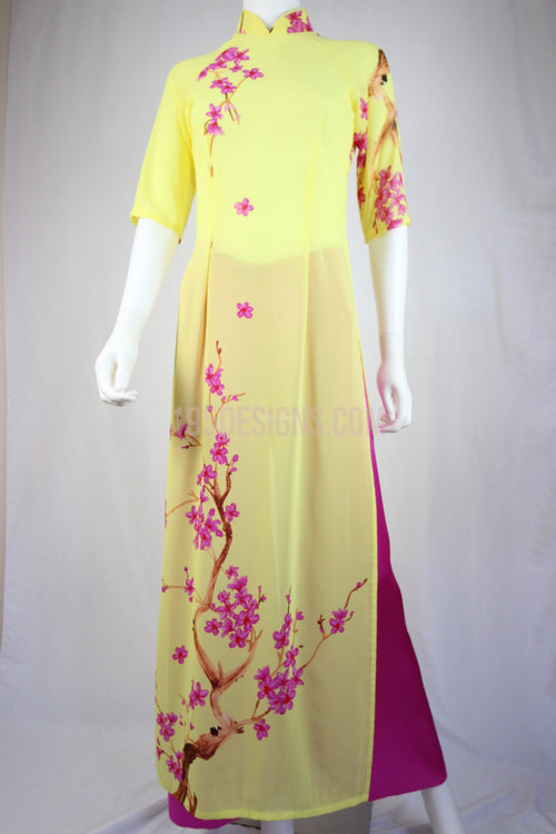 Yellow Ao Dai Pink Cherry Blossom Flower New Year Set | Hoa Đào Tết