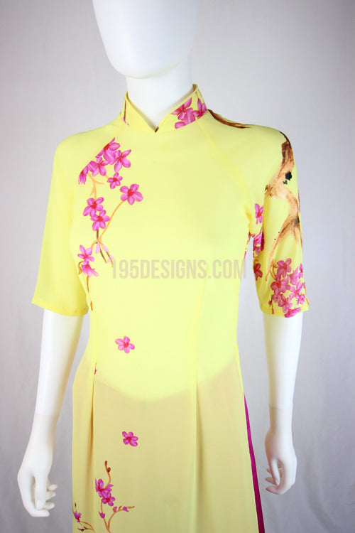 Yellow Ao Dai Pink Cherry Blossom Flower New Year Set | Hoa Đào Tết