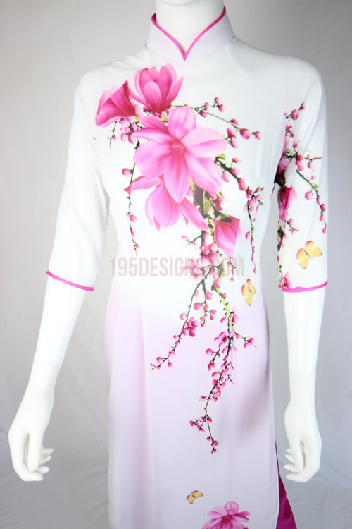 White Ao Dai Pink Spring Flower New Year Set | Hoa Tết