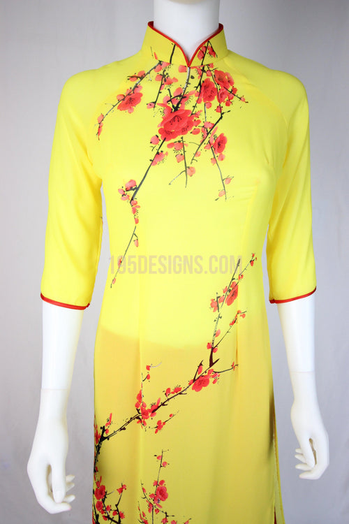 Yellow Ao Dai Red Cherry Blossom New Year Set | Hoa Đào Tet