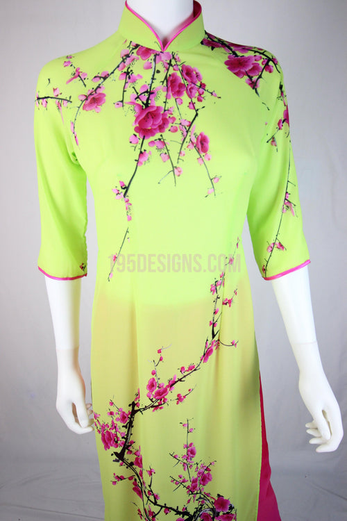 Light Green Ao Dai Cherry Blossom Flower New Year Set | Hoa Đào Tet