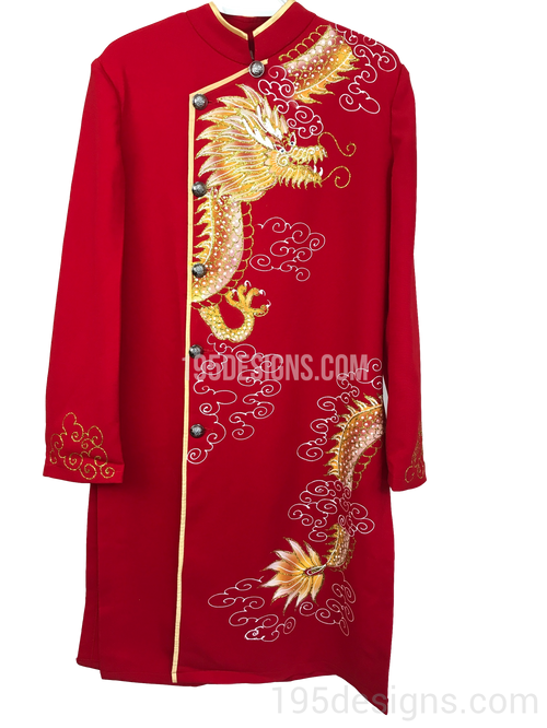 Red  Ao Dai Men - Nam Đỏ Rồng Vải Cao Cấp Co Giản