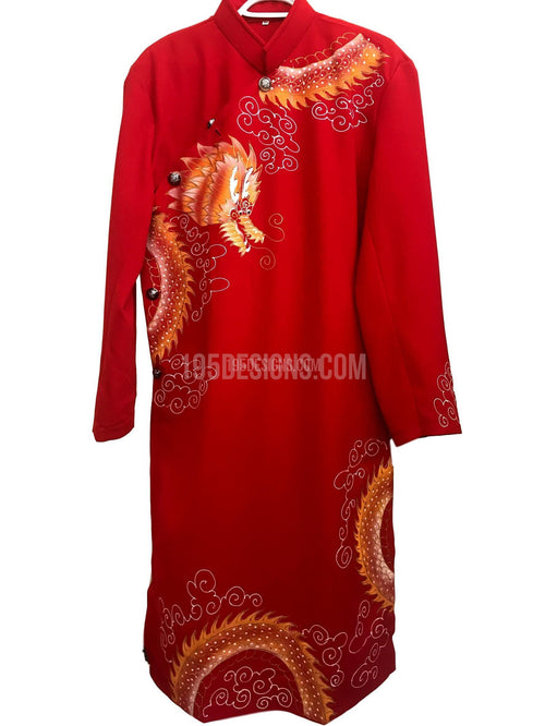 Red Ao Dai Men Dragon - Nam Đỏ Rồng Vải Cao Cấp Co Giản
