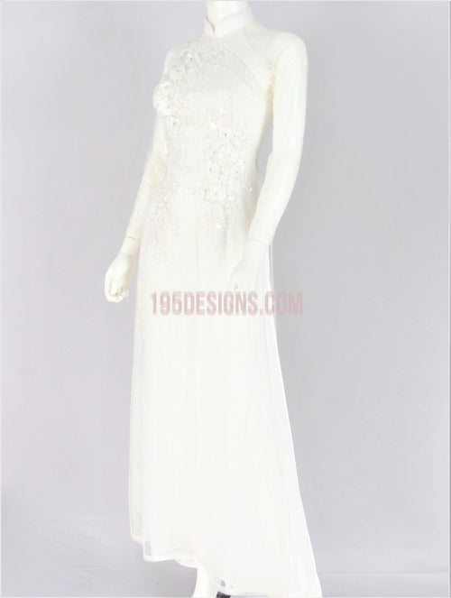 White Ao Dai Crystal Lace Wedding- Ao Dai Kết Hoa 3D Cô Dâu