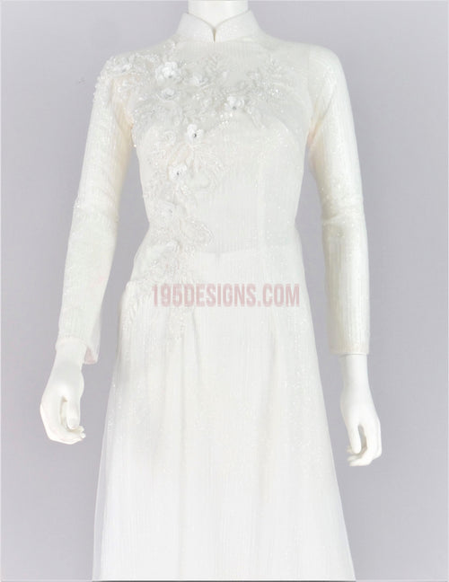 White Ao Dai Crystal Lace Wedding - Ao Dai Kết Hoa 3D  ( Hoa 1 Bên)