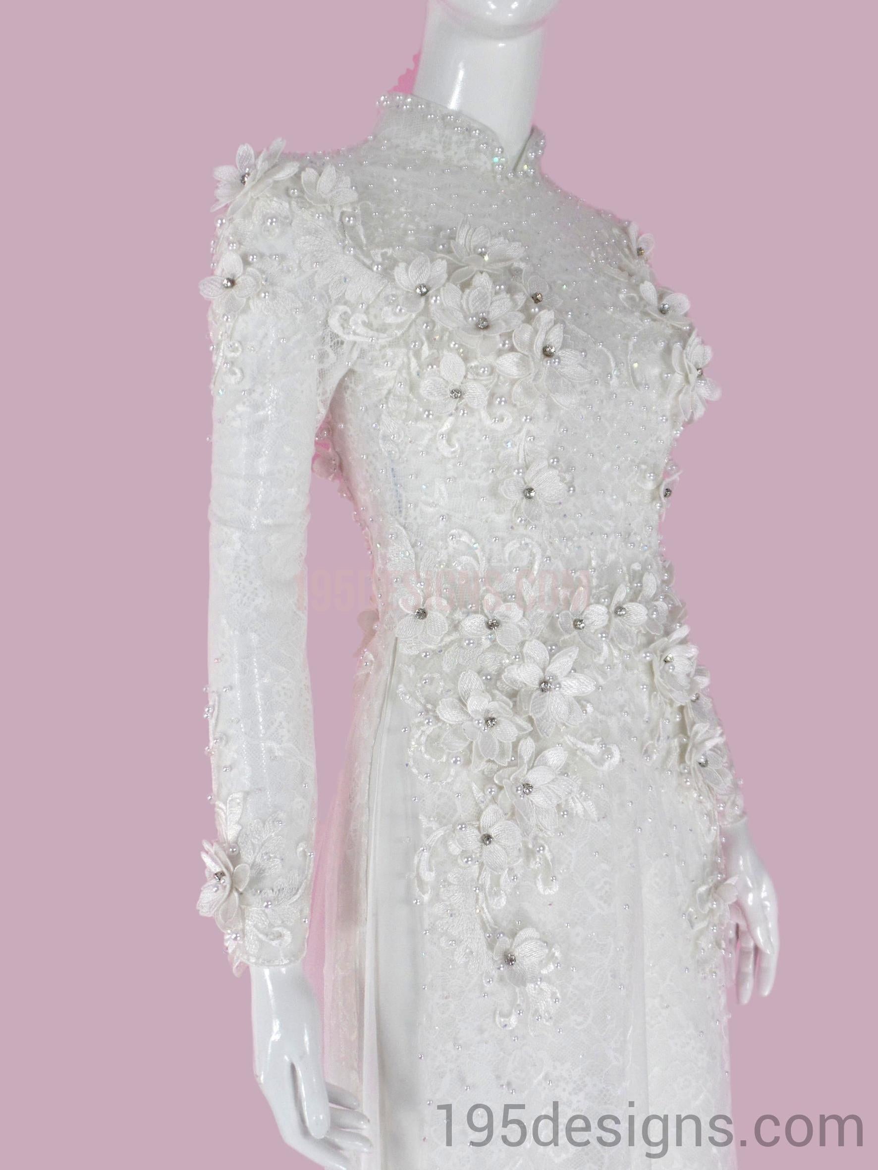 ÁO DÀI Cưới Trắng Ren cao cấp Tay Von Kết Hoa Đá Pha Lê| White Lace AO DAI Crystal Wedding