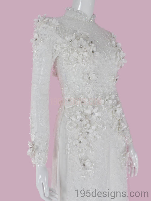 ÁO DÀI Cưới Trắng Ren cao cấp Tay Von Kết Hoa Đá Pha Lê| White Lace AO DAI Crystal Wedding