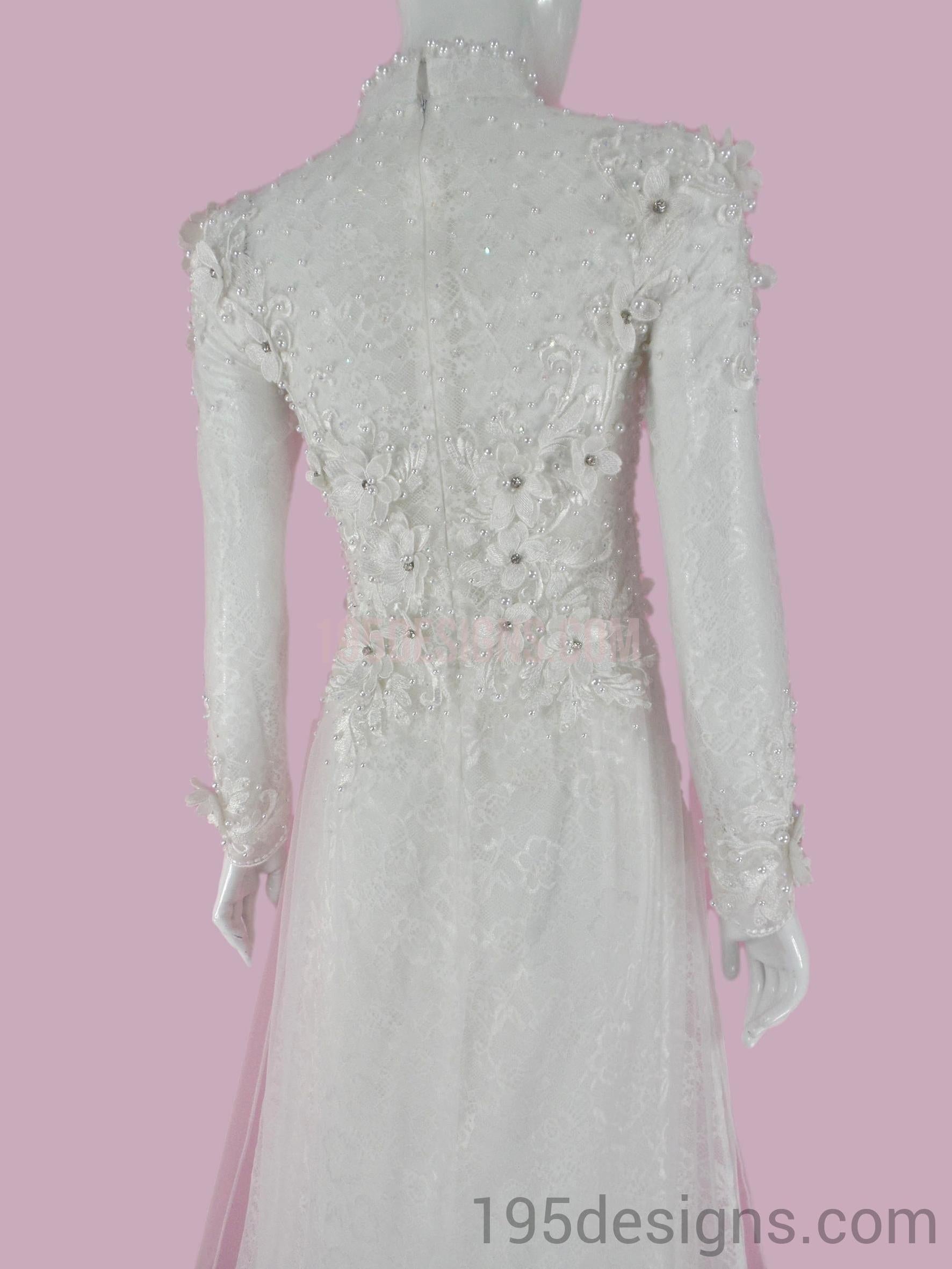 ÁO DÀI Cưới Trắng Ren cao cấp Tay Von Kết Hoa Đá Pha Lê| White Lace AO DAI Crystal Wedding