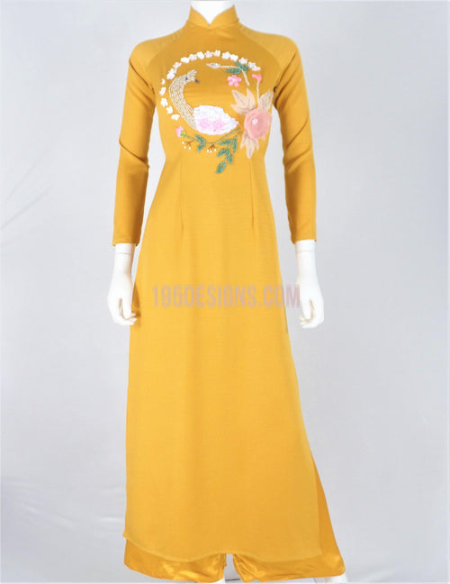 Áo Dài Lụa Hai Da Vàng Đồng Kết Hoa Ruyban | Gold Ao Dai Vietnamese