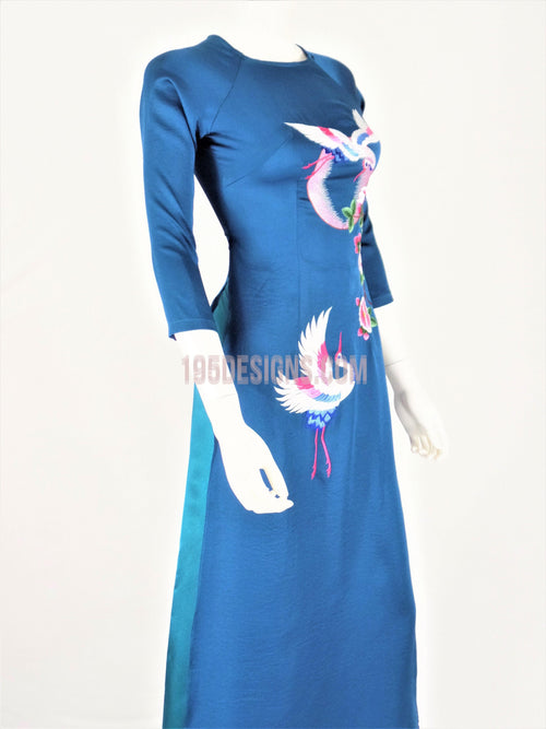 Áo Dài Lụa Xanh Dương Thêu Hoa | Blue silk Ao Dai Flower Embroidery