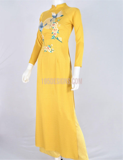 Áo Dài Gấm Vàng Đồng Thêu Hoa | Gold Ao Dai Vietnamese