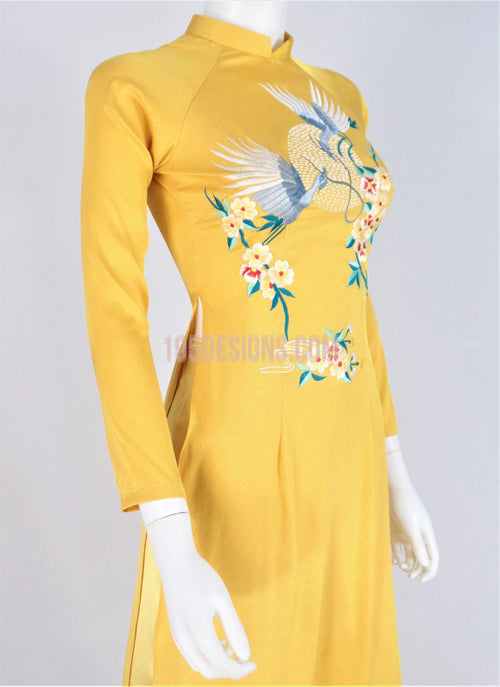 Áo Dài Gấm Vàng Đồng Thêu Hoa | Gold Ao Dai Vietnamese