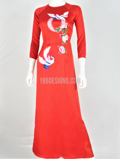 Áo Dài Lụa Đỏ Thêu Hoa | Red Silk Ao Dai Flower Embroidery