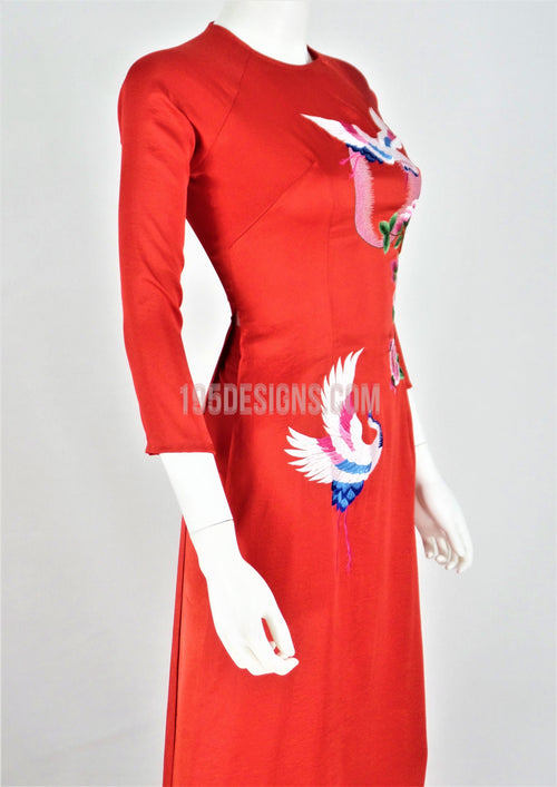 Áo Dài Lụa Đỏ Thêu Hoa | Red Silk Ao Dai Flower Embroidery