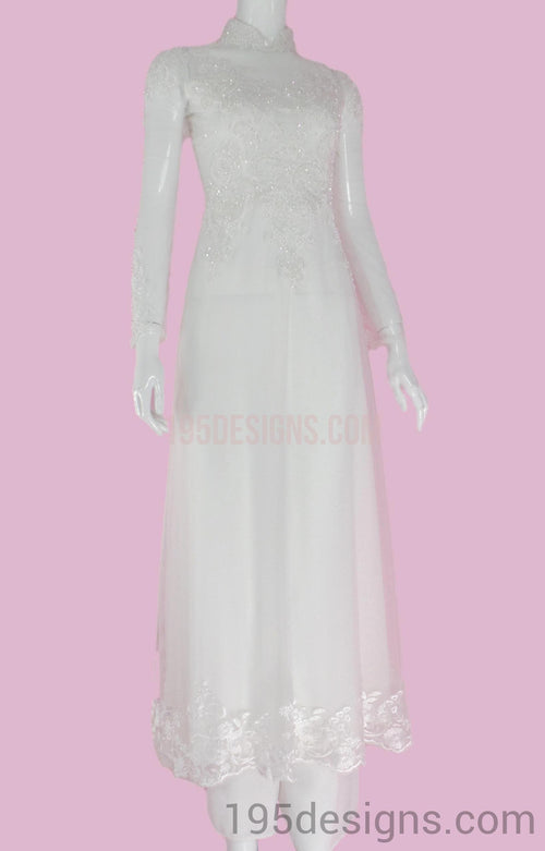 White Ao Dai Red Crystal Lace Wedding- Ao Dai Kết Đá Pha Lê Cô Dâu