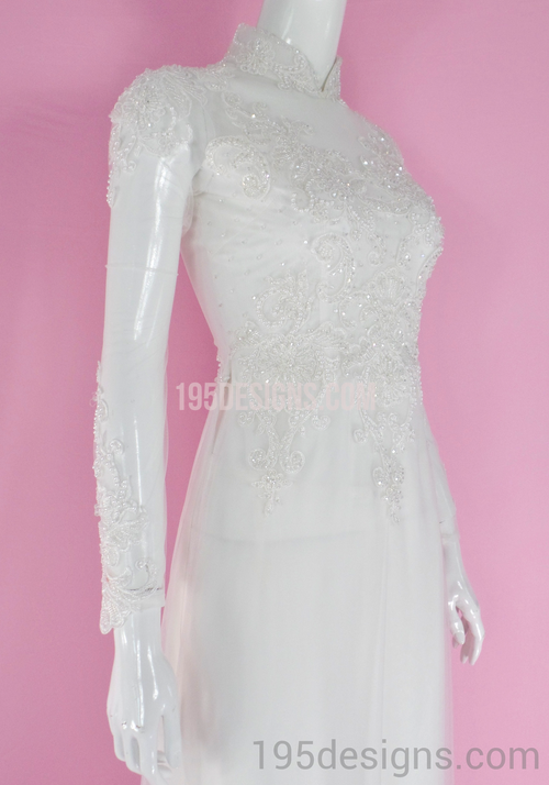 White Ao Dai Red Crystal Lace Wedding- Ao Dai Kết Đá Pha Lê Cô Dâu