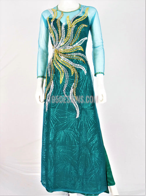 Green Crystal Vietnamese Long Dress / Áo Dài Xanh Đính Đá Cườm