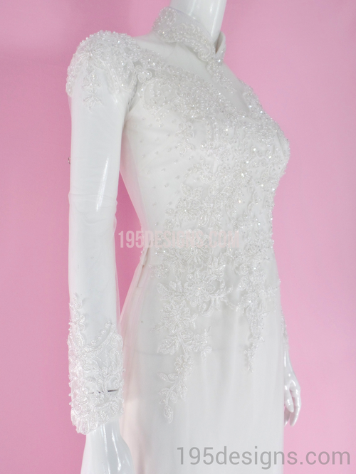 White Ao Dai Red Crystal Lace Wedding- Ao Dai Kết Đá Pha Lê Cô Dâu
