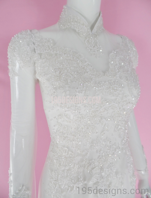 White Ao Dai Red Crystal Lace Wedding- Ao Dai Kết Đá Pha Lê Cô Dâu