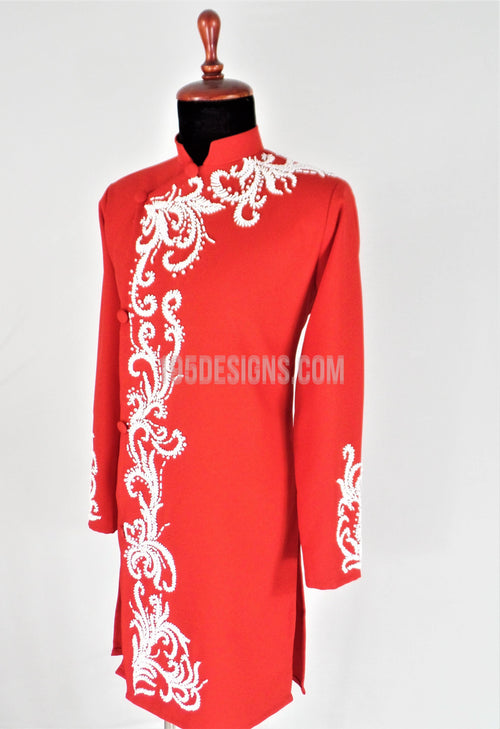 Red Ao Dai Men -  Áo Dài Đỏ Nam Kết Cườm Vải Co Giản Nhẹ