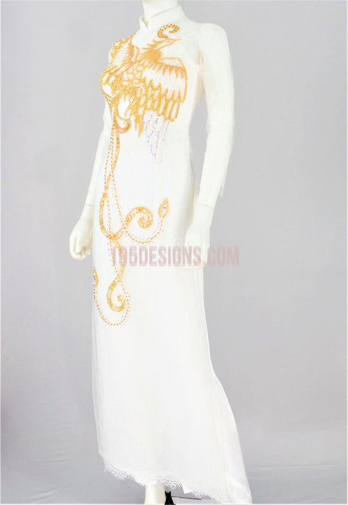 White Ao Dai Crystal Lace Wedding - Ao Dai Ren Kết Chim Phượng Hoàng