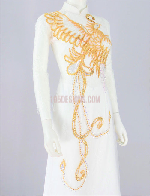 White Ao Dai Crystal Lace Wedding - Ao Dai Ren Kết Chim Phượng Hoàng