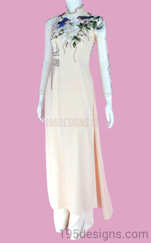 ÁO DÀI Kem Vàng Tơ Tầm cao cấp may 2 lớp Tay Von Kết Đá Pha Lê| Ivory AO DAI Crystal Size 6