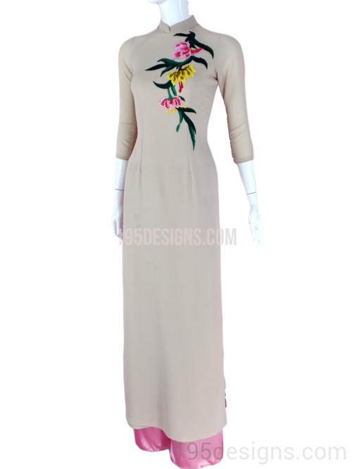 ÁO DÀI Nâu VÀNG MAY 2 LỚP Thêu HOA | Nude AO DAI embroil FLOWER
