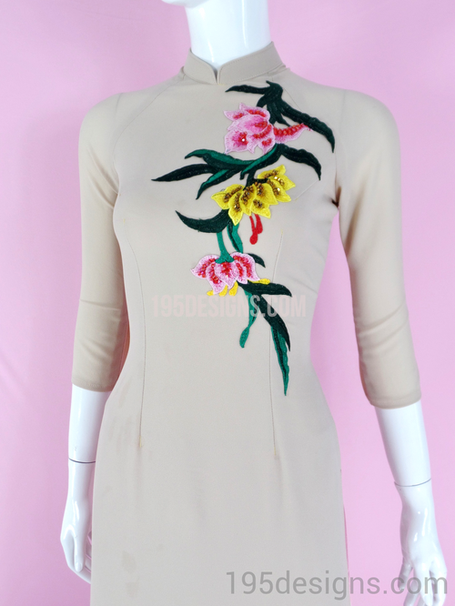 ÁO DÀI Nâu VÀNG MAY 2 LỚP Thêu HOA | Nude AO DAI embroil FLOWER