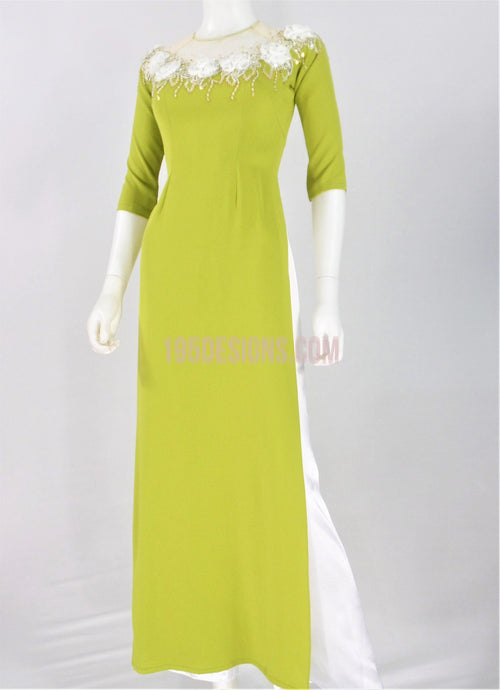 Áo Dài Lụa Xanh Lá Kết Hoa | Green Vietnamese Ao Dai