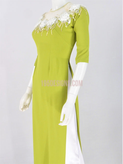 Áo Dài Lụa Xanh Lá Kết Hoa | Green Vietnamese Ao Dai