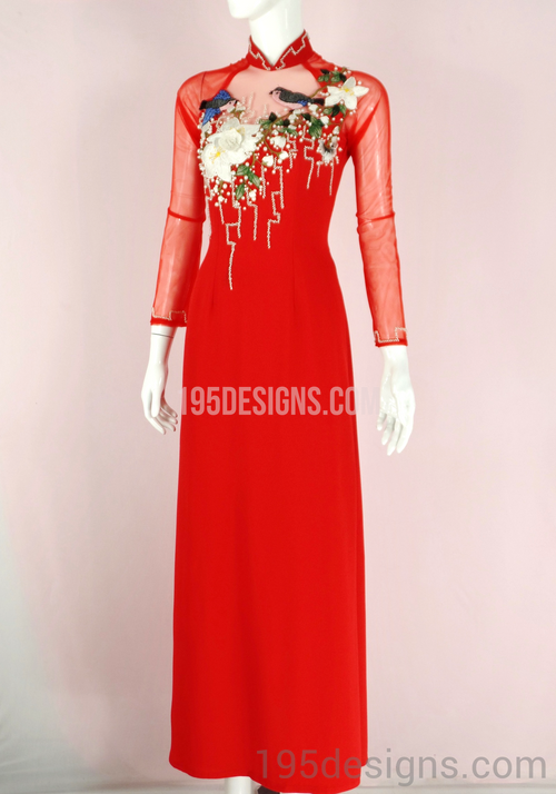 Red Ao Dai Red Flower Crystal Wedding- Ao Dai Kết Đá Pha Lê Cô Dâu