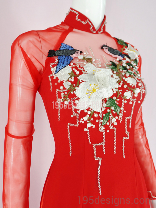 Red Ao Dai Red Flower Crystal Wedding- Ao Dai Kết Đá Pha Lê Cô Dâu