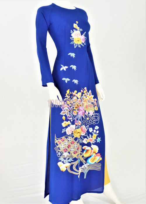 Áo Dài Lụa Xanh Dương Thêu Hoa | Blue Silk Ao Dai Flower Embroidery