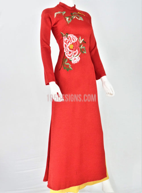 Áo Dài Lụa Đỏ Thêu Hoa | Red Silk Ao Dai Flower Embroidery